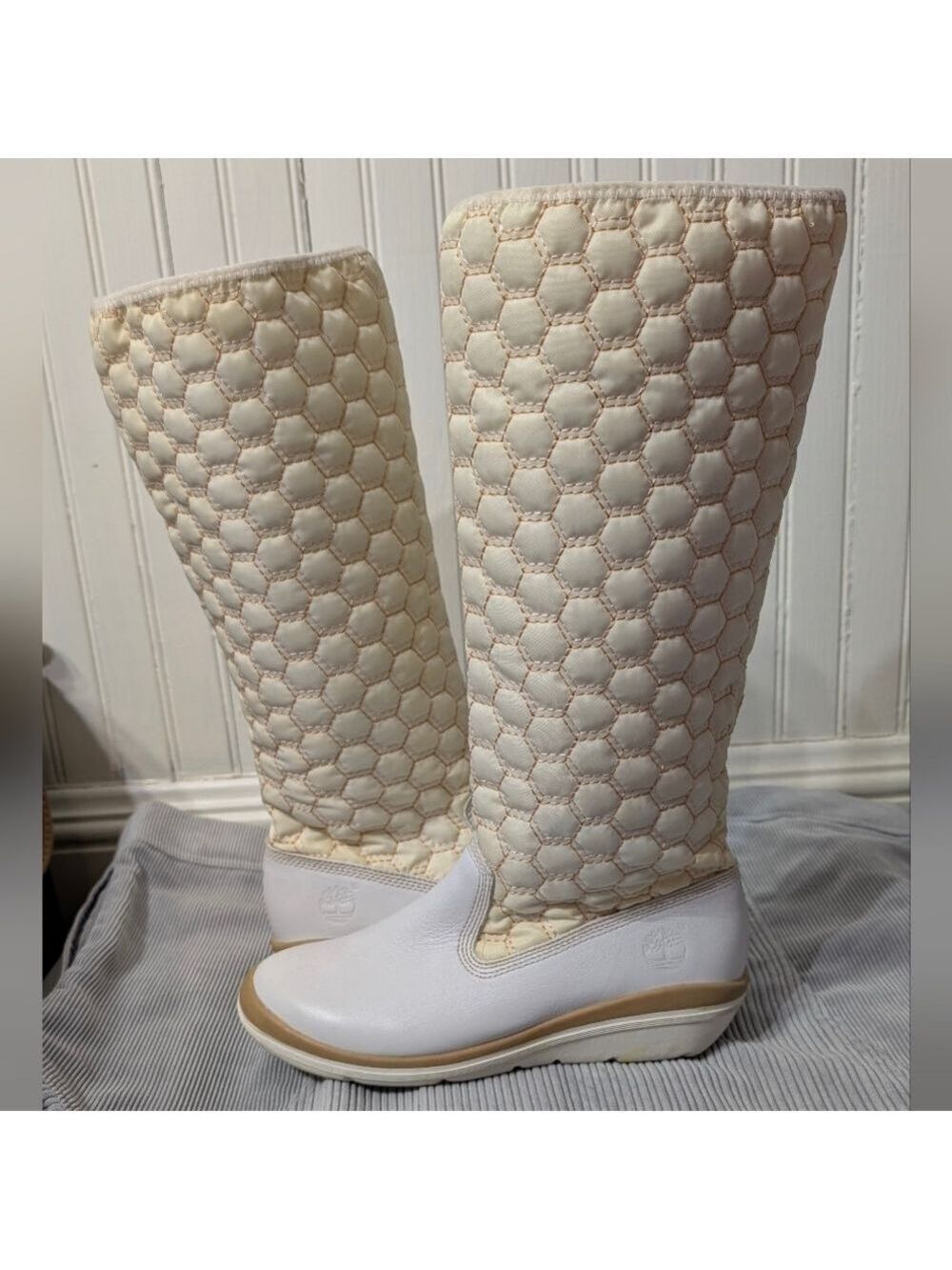 Timberland Kickadillaquilt Size 6 Boots White Leather 14In Vintage